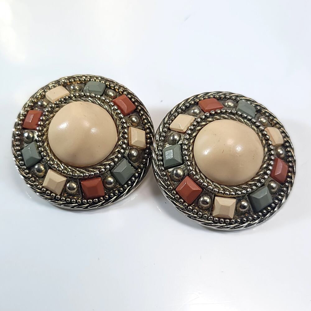 Vintage Colorful Clip-On Earrings with Beaded and Square Details, Retro Jewelry